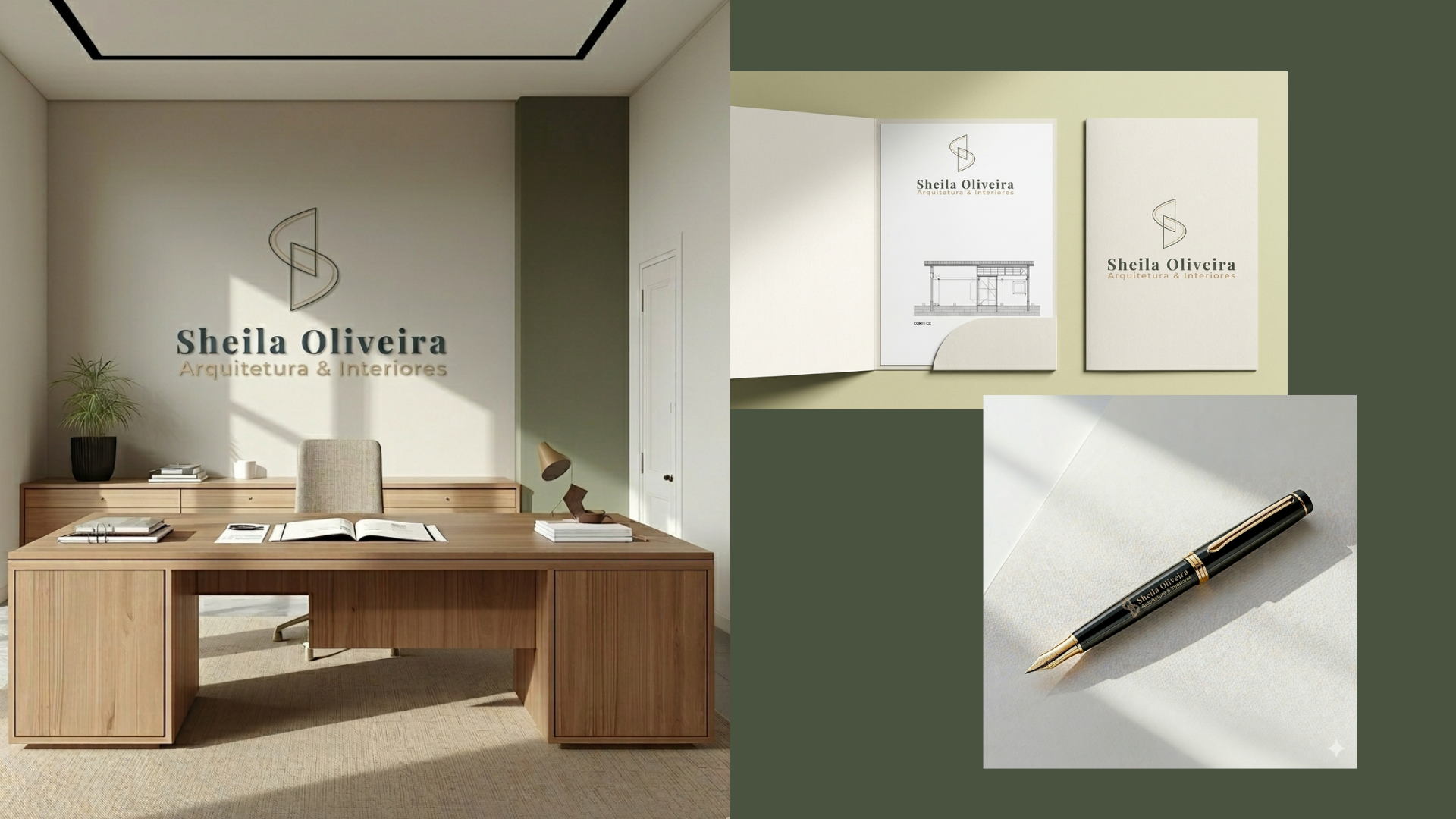 Mockup escritório com logo na parede, portfólio impresso e caneta Sheila Oliveira