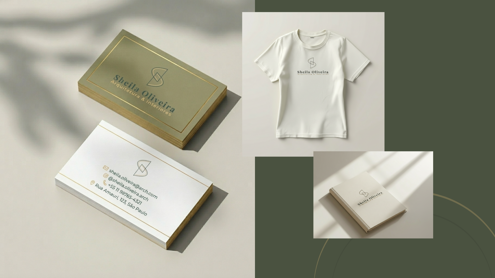 Mockup cartão de visita frente e verso, camiseta e book Sheila Oliveira